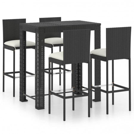 Set mobilier bar de exterior cu perne, 5 piese, negru, poliratan