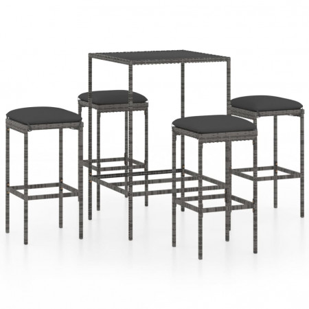 Set mobilier bar de grădină, cu perne, 5 piese, gri, poliratan