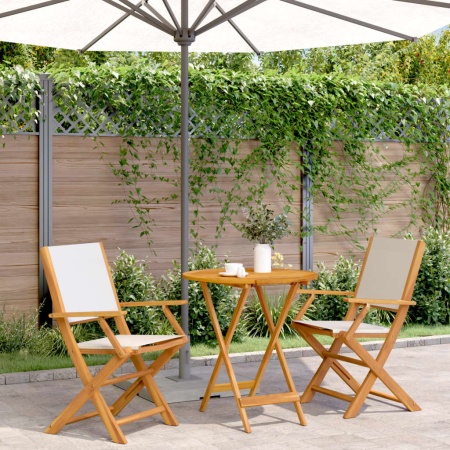 Set mobilier bistro, 3 piese, textil alb crem/lemn masiv