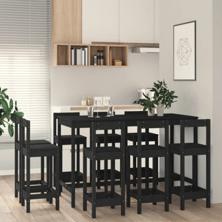 Set mobilier de bar, 9 piese, negru, lemn masiv de pin - Img 1