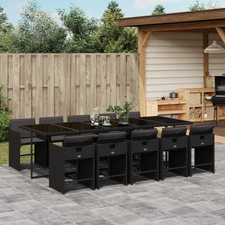 Set mobilier de exterior cu perne, 11 piese, negru, poliratan