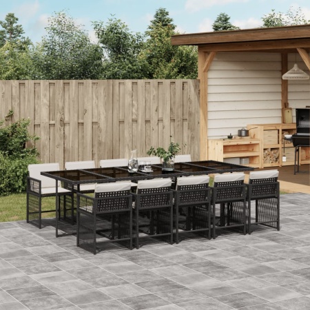 Set mobilier de exterior cu perne, 11 piese, negru, poliratan