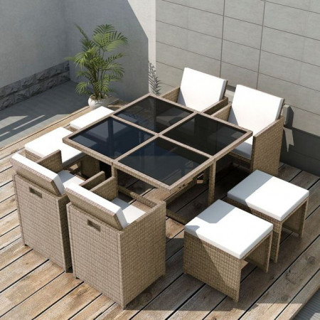 Set mobilier de exterior cu perne, 9 piese, bej, poliratan - Img 1