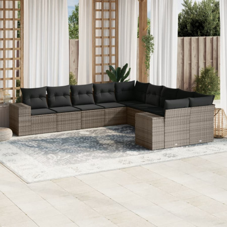 Set mobilier de grădină cu perne, 10 piese, gri, poliratan