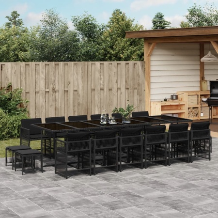 Set mobilier de grădină cu perne, 17 piese, negru, poliratan