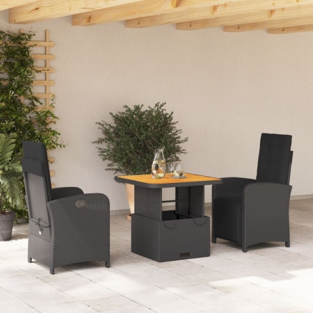 Set mobilier de grădină cu perne, 3 piese, negru, poliratan