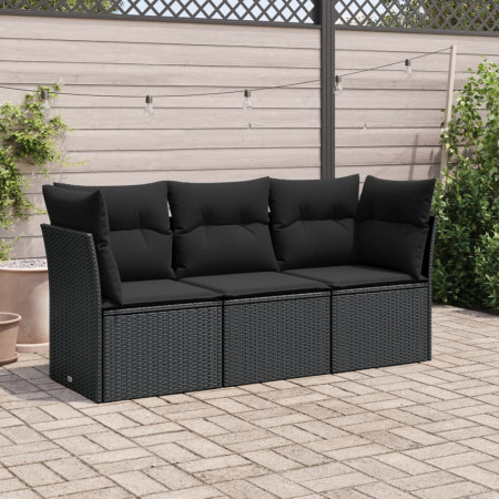 Set mobilier de grădină cu perne, 3 piese, negru, poliratan