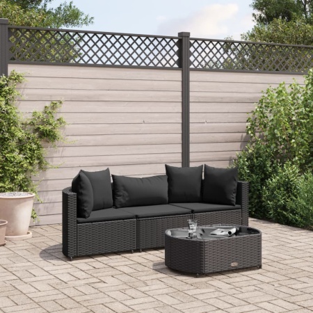 Set mobilier de grădină cu perne, 4 piese, negru, poliratan