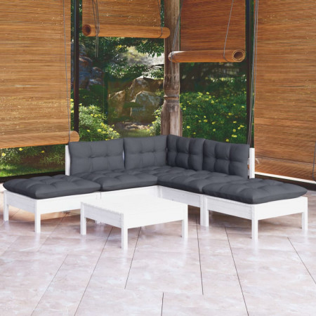 Set mobilier de grădină cu perne, 6 piese, alb, lemn de pin