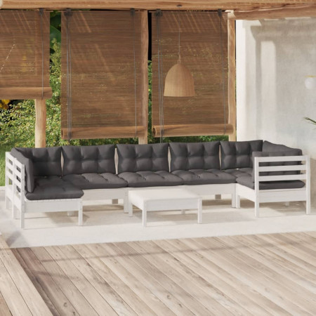 Set mobilier de grădină cu perne, 8 piese, alb, lemn de pin