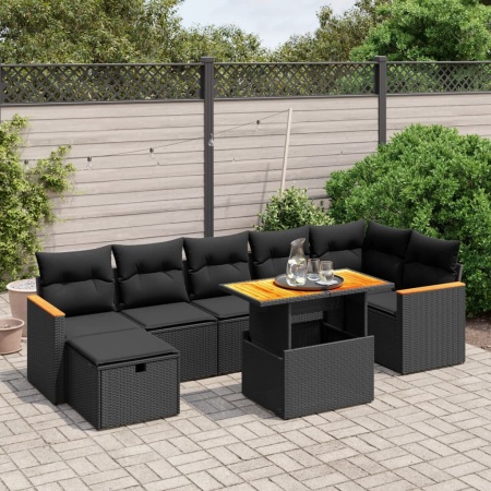 Set mobilier de grădină cu perne, 8 piese, negru, poliratan