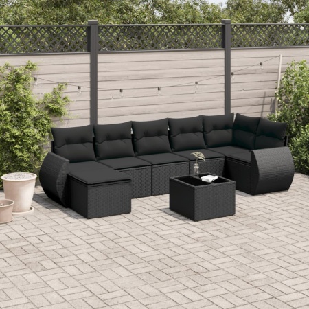 Set mobilier de grădină cu perne, 8 piese, negru, poliratan