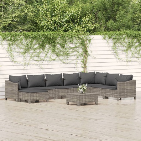 Set mobilier de grădină cu perne, 9 piese, gri, poliratan