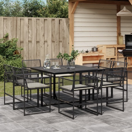 Set mobilier de grădină cu perne, 9 piese, negru, poliratan