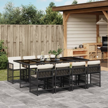 Set mobilier de grădină cu perne, 9 piese, negru, poliratan