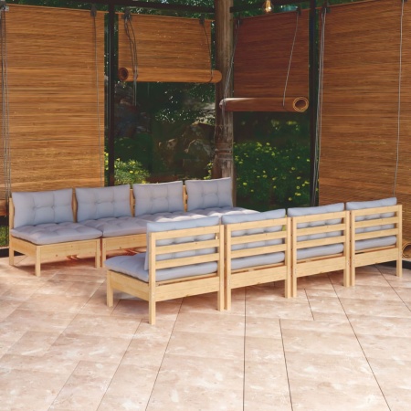 Set mobilier de grădină cu perne gri, 9 piese, lemn masiv pin - Img 1
