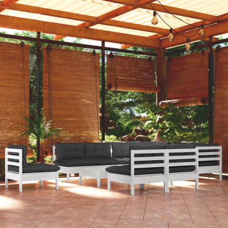 Set mobilier grădină cu perne, 11 piese, alb, lemn masiv pin