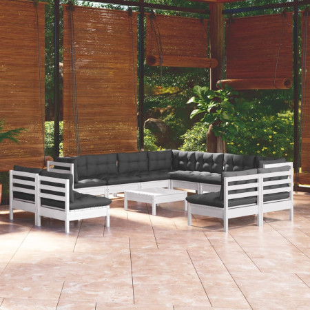 Set mobilier grădină cu perne, 12 piese, alb, lemn masiv pin