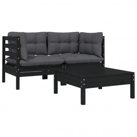 Set mobilier grădină cu perne, 3 piese, negru, lemn masiv pin