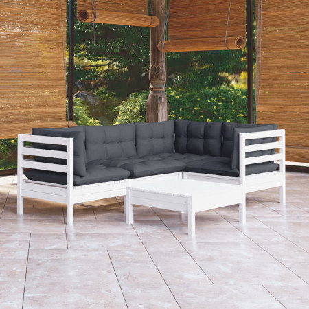 Set mobilier grădină cu perne, 5 piese, alb, lemn de pin
