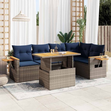 Set mobilier grădină cu perne 6 piese gri poliratan/lemn acacia - Img 1