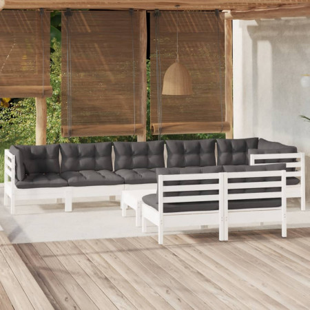 Set mobilier grădină cu perne, 9 piese, alb, lemn masiv pin
