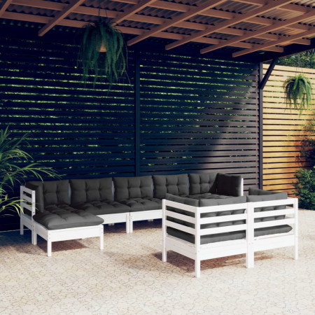 Set mobilier grădină cu perne, 9 piese, alb, lemn masiv pin