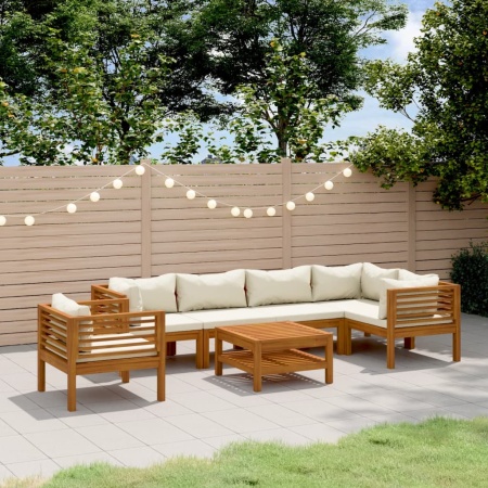 Set mobilier grădină cu perne crem, 7 piese, lemn masiv acacia
