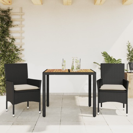 Set mobilier grădină perne 3 piese negru poliratan/lemn acacia