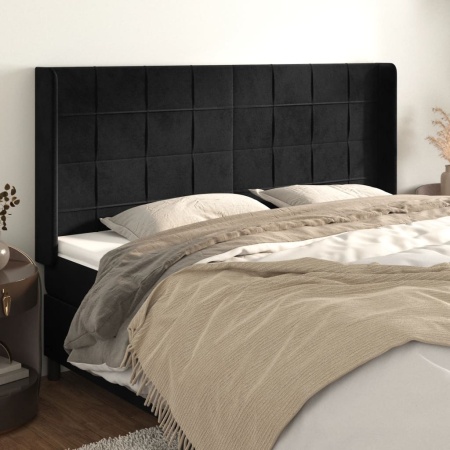 Tăblie de pat cu aripioare, negru, 183x16x118/128 cm, catifea