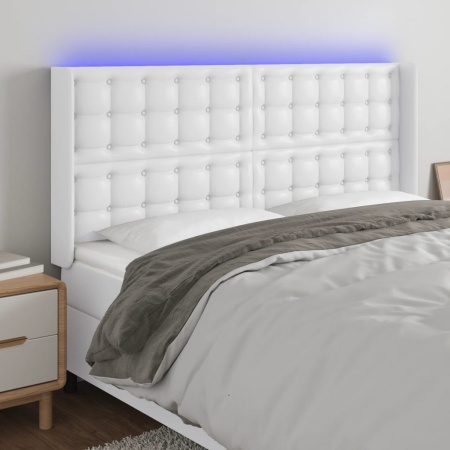 Tăblie de pat cu LED, alb, 203x16x118/128 cm, piele ecologică