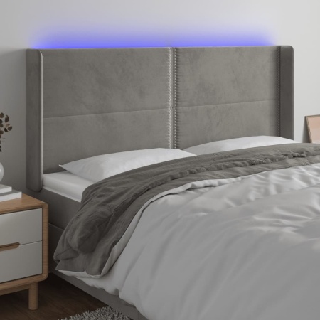 Tăblie de pat cu LED, gri deschis, 183x16x118/128 cm, catifea
