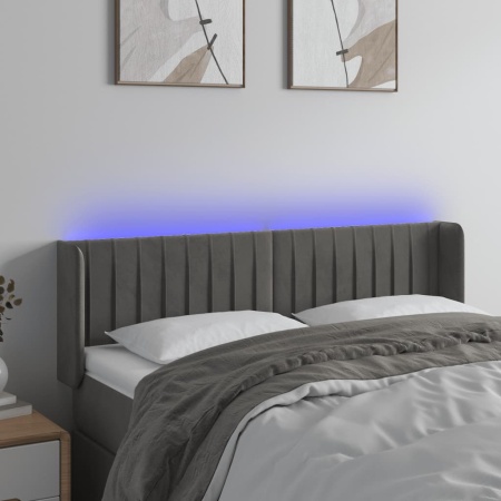 Tăblie de pat cu LED, gri închis, 147x16x78/88 cm, catifea