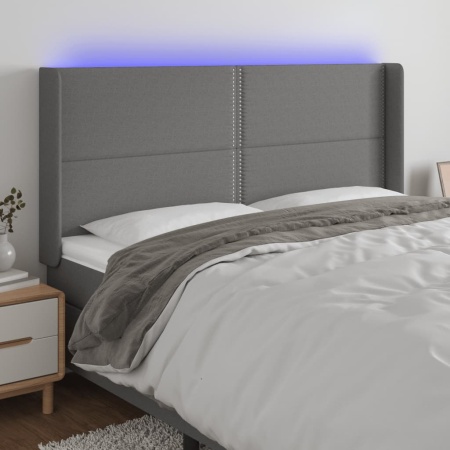 Tăblie de pat cu LED, gri închis, 203x16x118/128 cm, textil
