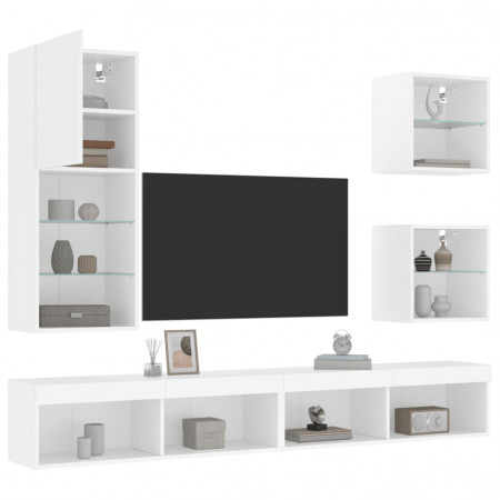 Unități de perete TV cu LED-uri, 5 piese, alb, lemn prelucrat