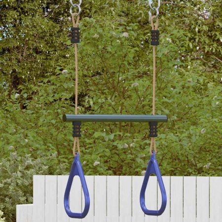 Bară trapez cu inele de gimnastică copii, albastru/verde, oțel