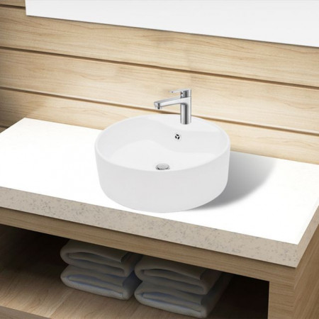 Bazin chiuvetă ceramică baie cu gaură robinet/preaplin, rotund, alb