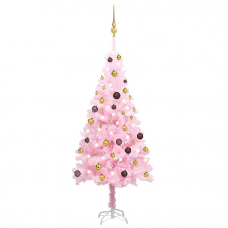 Brad Crăciun pre-iluminat cu set globuri, roz, 150 cm, PVC - Img 1