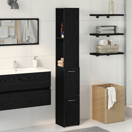 Cabinet de baie Negru cu aspect de stejar 25x25x170 cm din lemn compus