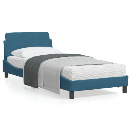 Cadru de pat cu tăblie, albastru, 90x200 cm, catifea - Img 1