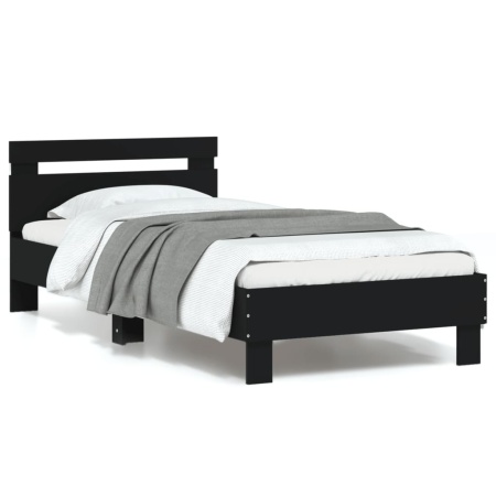 Cadru de pat cu tăblie și lumini LED, negru, 90x190 cm