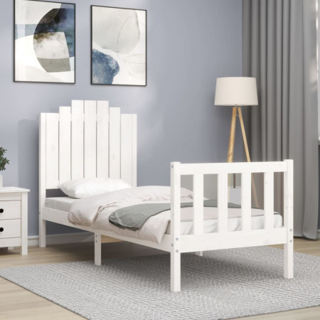 Cadru de pat cu tăblie single mic, alb, lemn masiv - Img 1