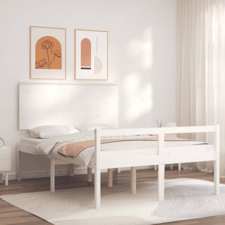 Cadru de pat senior cu tăblie dublu, alb, lemn masiv