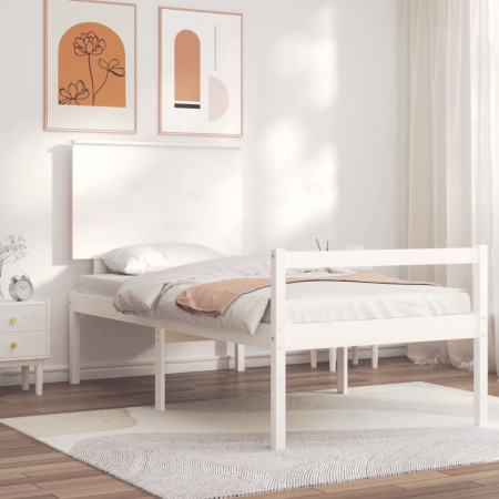 Cadru de pat senior cu tăblie single, alb, lemn masiv