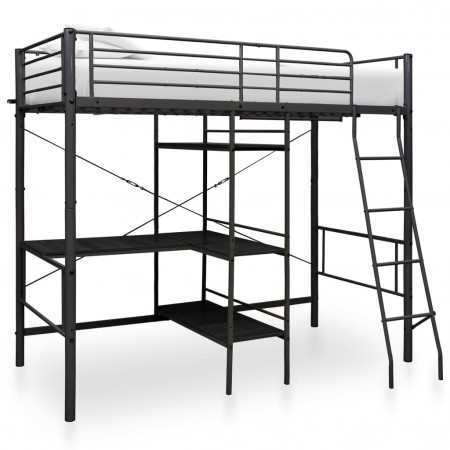 Cadru de pat supraetajat cu masă, negru, 90 x 200 cm, metal