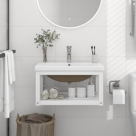 Cadru lavoar baie cu chiuvetă încorporată, alb, fier