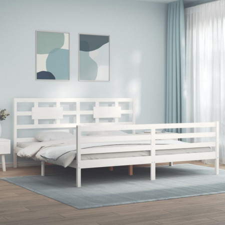 Cadru pat cu tăblie 200x200 cm, alb, lemn masiv