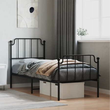 Cadru pat metalic cu tăblii de cap/picioare , negru, 75x190 cm