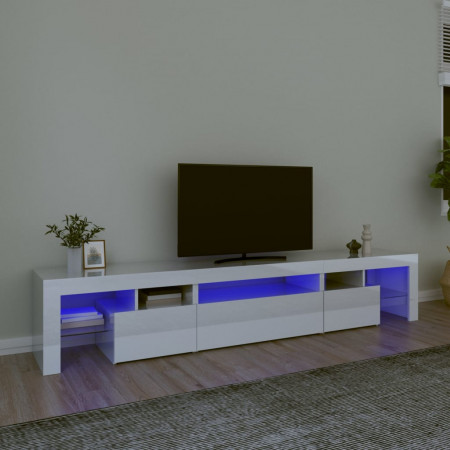 Comodă TV cu lumini LED, alb extralucios, 215x36,5x40cm