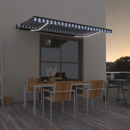 Copertină automată cu LED&senzor vânt, albastru/alb, 450x350 cm